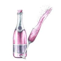 A bottle of pink champagne and a splash of a drink from a glass. A hand-drawn watercolor illustration. Isolate it. A postcard design element. For banners and posters. For the restaurant menu. vector