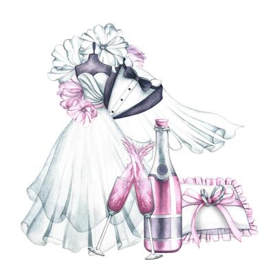 Wedding composition. A white wedding dress on a mannequin, a veil and a tuxedo of the groom, wedding rings and champagne. The logo of the wedding salon. A watercolor illustration made by hand.