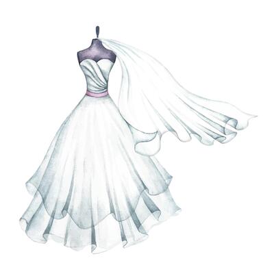 A white wedding dress on a mannequin and a veil. An outfit for the bride. The lady logo. A separate watercolor illustration made by hand. A design element for postcards, banners, and invitation