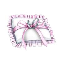 An elegant pillow with wedding rings. Handmade watercolor illustration. A wedding attribute. An element of the design of invitation and greeting wedding cards in watercolor style. For banners. vector