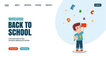 Happy Little boy with book Surrounded with letters. Education, knowledge, reading concept Flyer design. Training concept website, web page. flat illustration cartoon style. vector