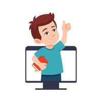 Happy Little boy with book Shows thumbs up from computer monitor. Website, web page illustration. flat illustration cartoon style. Online education, courses concept. vector