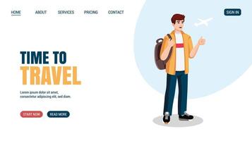 Young man with backpack showing thumbs up at the airport before flight. Flat design, cartoon style. illustration. Travelling concept website, web page. vector