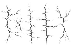 Cracks collection on wall, earth or stone. Scratches lines on surfaces. Lightning and thunderstorm illustrations. Fissure on ground and ice. Graphic explosions textures with holes. vector