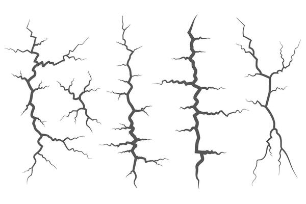 Cracks collection on wall, earth or stone. Scratches lines on surfaces. Lightning and thunderstorm illustrations. Fissure on ground and ice. Graphic explosions textures with holes.