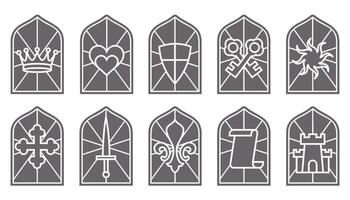 Church glass windows. Gothic arch frame with medieval symbols. Vintage architecture elements. Stained mosaic decoration set with crown, heart, shield and sword vector