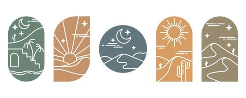 Desert boho logo with sun and mountains. Abstract bohemian illustration with moon cactus and minimal landscape. Arch and windows shapes set. Design elements for poster and decoration vector
