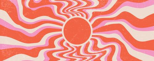 Sunrays retro background. Summer 70s poster. Abstract groovy design with grunge texture. Old paper banner with orange and pink spiral beams on yellow backdrop. vector
