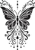 Butterfly motif single line drawing silhouette V collar silhouette for kameez , black and white, white background vector