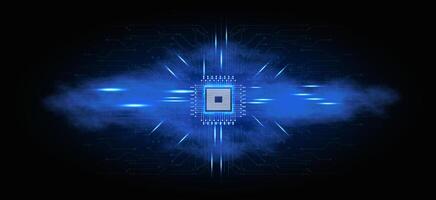 Dynamic Blue Light Burst Highlighting Central Computer Chip Within Dark Background vector