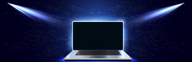Illuminated Laptop Displaying Blank Screen Against Dark Background With Blue Highlights and Circuit Patterns vector