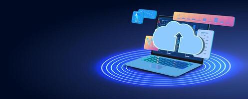 Modern Laptop With Cloud Computing Concept Displayed on Screen During Data Transfer Process in a Digital Environment vector