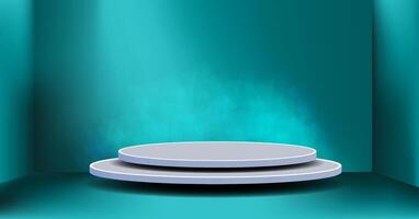 Elegant Two-Tiered Platform on Teal Background in Dimly Lit Exhibition Space vector