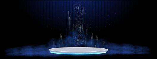 Futuristic Circular Platform Surrounded by Mist and Blue Light in a Dark Environment vector