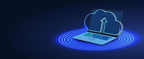 Digital Representation of Cloud Upload Concept With Laptop and Circular Waves vector