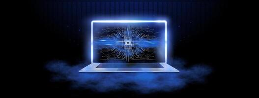 Futuristic Laptop Displaying Advanced Technology With Bright Blue Visual Effects and Digital Elements vector