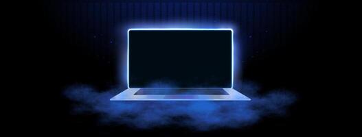 Illuminated Laptop Surrounded by Mist in a Darkened Environment at Night vector