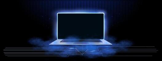 Illuminated Laptop Displaying Digital Connections Against a Dark Background in a Modern Tech Environment vector