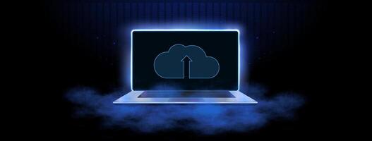 Modern Laptop Uploading Data to Cloud Storage in Dark Environment vector