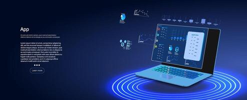 Innovative Laptop Displaying Advanced Application Interface in a Dimly Lit Tech Environment vector