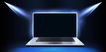 Modern Laptop Displayed on Circular Platform With Blue Lighting Effects in Dark Environment vector