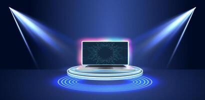 Dynamic Laptop Display Illuminated on Stage With Spotlight Effects and Pulsing Lights vector