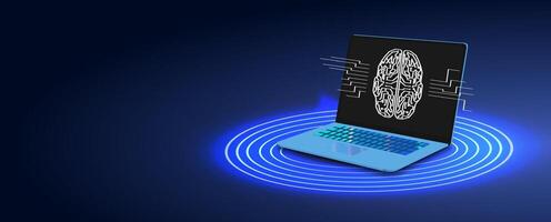 Exploring Artificial Intelligence Through Innovative Laptop Displaying Brain Graphics on Futuristic Background vector