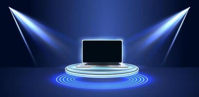 Modern Laptop Displayed on Circular Platform With Blue Lighting Effects in Dark Environment vector