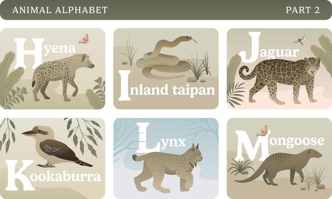 Animal alphabet colorful card set. Educational English learning illustrations. ABC with wild animals, nature, letters and flora elements. Part 2.