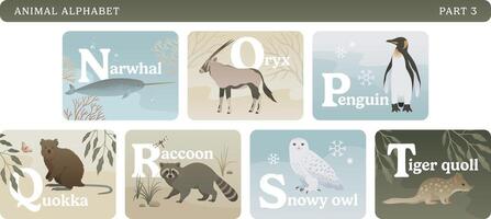 Animal alphabet colorful card set. Educational English learning illustrations. ABC with wild animals, nature, letters and flora elements. Part 3. vector