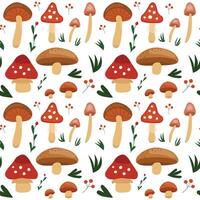Seamless pattern illustration with mushrooms and plants vector