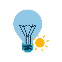 Solar energy, lamp. Light bulb and sun. Lightbulb with filaments and base. Alternative eco power. Electricity. Energy source. Flat style. Color image - blue and yellow. Isolated. illustration vector