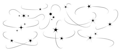 Sparks, line set y2k aesthetics. Magic glitter collection with border. Stars, curves contour. Twinkle, starburst and bling stardust shapes. Black elements, arc. Modern abstraction. illustration vector