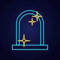Neon Frame with Stars. Aesthetic Y2K. Space Portal on dark background. Glowing arch, glitter. Luminescent sparkles. Galaxy border. Tarot symbols, fortune. Illuminated. Isolated. illustration vector