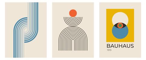 Set of trendy modern abstract geometric bauhaus posters with circle, square line shape. Minimalistic print for wall art decoration, postcard or brochure cover design in retro style art vector