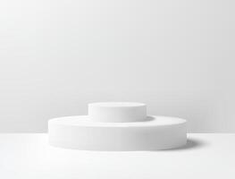 Realistic 3D white circle platform podium or pedestal on gray background with shadow. Empty space for product display presentation. Minimalistic mockup with copy space . Stage showcase design vector
