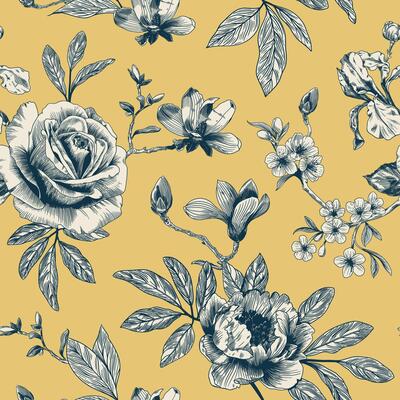 Abstract modern floral seamless pattern with hand drawn flower in Toile de jouy style. Retro elegance repeat print. Vintage design for fabric, wallpaper or wrapping