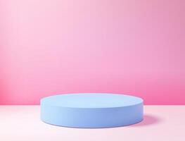 Realistic 3D blue circle platform podium or pedestal on pink background with shadow. Empty space for product display presentation. Minimalistic mockup with copy space . Stage showcase design vector