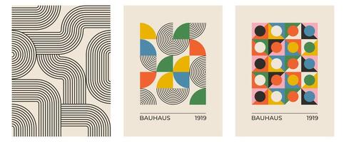 Set of trendy modern abstract geometric bauhaus posters with circle, square line shape. Minimalistic print for wall art decoration, postcard or brochure cover design in retro style art vector