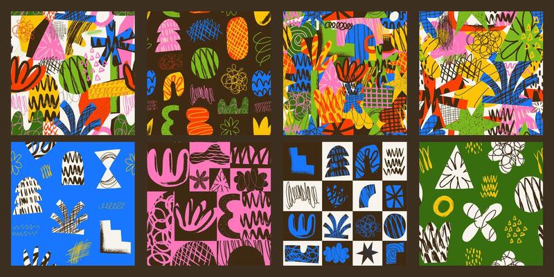 Set of Aesthetics Abstract contemporary seamless pattern with hand drawn textured shapes, spots, scribble and lines. Vibrant grunge geometric brutalism y2k 2000s print. Modern collage illustration