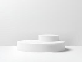 Realistic 3D white circle platform podium or pedestal on gray background with shadow. Empty space for product display presentation. Minimalistic mockup with copy space . Stage showcase design vector