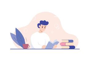 A man in a white shirt is reading a book with a cup of coffee and a stack of books on the table. simple flat design, flat illustration, EPS 10. vector