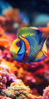 Colorful fish swimming in a vibrant coral reef during the day photo