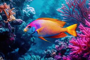 Colorful fish swimming through a vibrant coral reef in clear water photo
