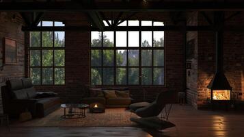 Cozy living room with large windows and a fireplace at dusk photo