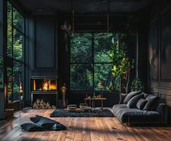 Cozy living room with a fireplace and large windows overlooking greenery photo