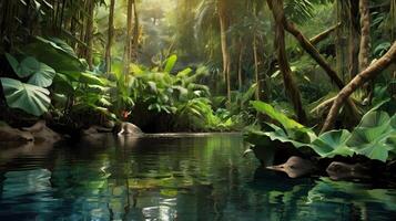 lush jungle with a slow-moving river winding through it photo