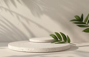 Blank podium mockup. Empty cylinder scene for cosmetic template. Spa studio, beige pedestal. Minimal product showcase stand. Empty platform. White stage background photo