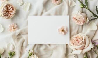 Blank paper card with flower background. Vintage love concept, minimal invitation. Empty mockup letter, clear frame. Copyspace list, wedding decoration on table photo