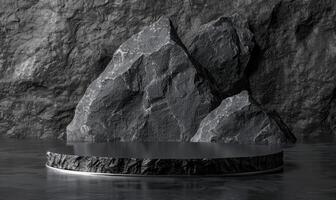 Black stone podium. 3d empty pedestal for mockup. Natural background with display. photo